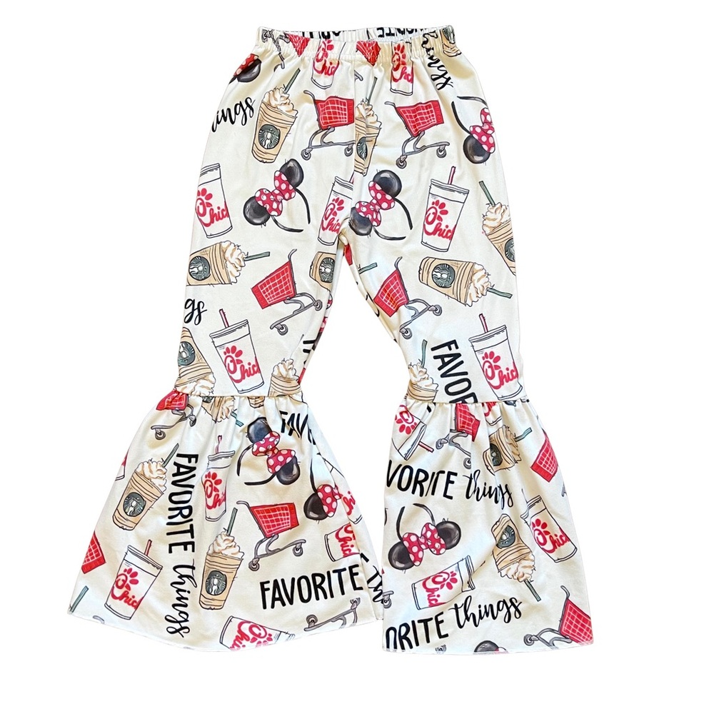 Kids' 3T Ruffle Bell Bottom Cream “Favorite Things” Print Pants Disney Starbucks